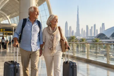 Senior couple with luggage arriving in Dubai